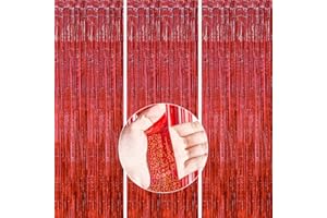 PartyWoo 3 Pièces Rideau Frange Anniversaire Rouge, Rideaux à Franges en Aluminium, Rideau Métallique de Frange Brillant, Tinsel Shimmer Rideaux pour Décoration Fête, Anniversaire, Toile de Fond(1x2m)