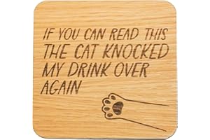 SHG AT HOME Cat Mum or Dad Oak Veneer Coaster. Cute Kitty Coaster. Cat lover Present. 9.7cm x 9.7cm Drinks Mat (Cat Knocked Over)