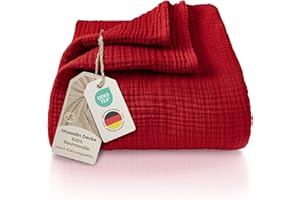 Laynenburg Muślinowa narzuta klasy premium, 220 x 240 cm (rozmiar XXL), 100% bawełna, bardzo miękki koc bawełniany jako przytulny koc, narzuta na łóżko, sofę, ciepły koc (kolor bordowy)