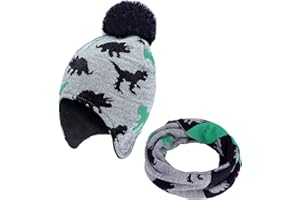 MaoXinTek Winter Hats for Kids, Knitted Bobble and Circle Scarf Set, Baby Beanie Dinosaur Warm Cap with Pompom Fleece Lining for Boy Girl Children Toddler(2-5 Age) Grey