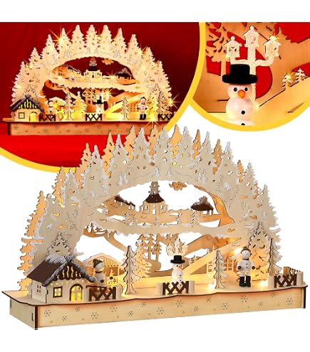 Brubaker Arco Di Luce LED 3D Paesaggio Invernale Con Villaggio - Legno Naturale Dipinto A Mano 27,5x24,5 Cm - 2