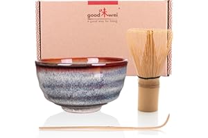 Goodwei Matcha Kit con cuenco de cerámica, batidor de matcha y cuchara de bambú | Matcha Set de regalo para principiantes (Uji)
