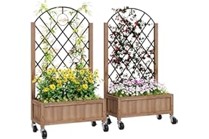 Outsunny Raised Garden Bed with Metal Trellis, Pack of 2 Wooden Elevated Planter Box with Wheels and Drainage Holes, Outdoor Raised Planter for Climbing Plants, Fruits, Vegetables, Flowers, Brown
