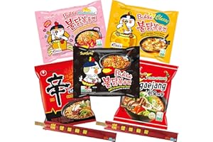 Lot 5 ramen coréens et 2 baguettes en bambou WikiMark. Comprend les nouilles Samyang Carbonara, le fromage Samyang, le poulet chaud Samyang, le goût chaud Samyang de Corée, soupe Nongshim Shin Ramyun