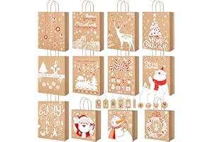 BORIYA Sacchetti Regalo Natale -Sacchettini Regalo con Etichetta,12 Carta Kraft Sacchetto Regali Natale con Manici,Borse Regalo Natalizie Grandi,Borsine Regali Natalé Set,Sacchetti Natalizi Varie Dimensioni