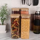 Femora Kitchen Storage Jars Borosilicate Glass Jar with Wooden Lid Air Tight Jar, 1000 ML, Pack of 4,Transparent