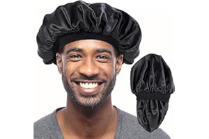 MoHern Cuffia da uomo, a doppio strato, in raso, per dormire, reversibile, per capelli ricci, cuffia in raso per uomini e donne di colore, nero, Large