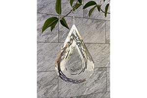 CosyCorner Wind Spinner Flowing-Light Effect Courtyard Decorations Made of Stainless Steel House Hanging Decoration 12“x 8“ Spinners with a 360° Rotating Hook (Water Drop-Silver)