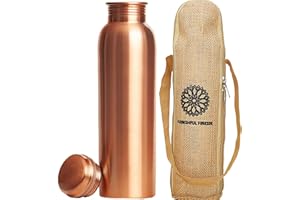 FURNISHFUL FINESSE Butelka na wodę z czystej miedzi 907 ml z torbą do przenoszenia i korzyściami ajurwedyjskimi, miedziana butelka do picia, szczelna, duża, ręcznie wykonana butelka na wodę do