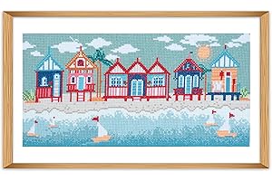 Trimits Large Cross Stitch Kits - Counted Embroidery Needlework for Adults Beginners Kids, Christmas Gifts Wall Art (Frame Not Included), 11 Count, Beach Huts