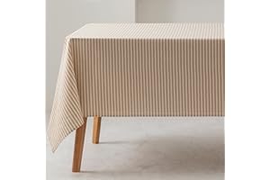 GAMUSI Mantel Antimanchas Rectangular Rayas Finas Beige Impermeable Tacto Tela 100% algodón Lavable Interior y Exterior 140x100 cm