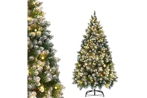 Froadp Sztuczne drzewko bożonarodzeniowe 210 cm z PCW ze stojakiem z 350 diodami LED i szyszkami, dekoracja z efektem śniegu, sztuczne drzewko bożonarodzeniowe do użytku wewnątrz i na zewnątrz