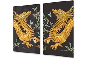 CONCEPT CRYSTAL Couvre-cuisinière à induction – Planche de cuisine en verre trempé – Couvre-plaques de cuisson – UNE PIÈCE (60x52 cm) ou DEUX PIÈCES (30x52 cm chacune); D13 Série D'art: Dragons jaunes