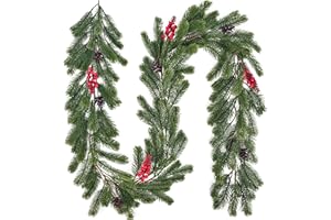 YMIFEEY Tannengirlande 190cm Weihnachtsgirlande Tanne Girlande Tannengrün Spritzguss mit Zapfen und Roten Beeren, Künstliche Grüne Girlande Weihnachten Kunsttanne Wie Echt (Grün)