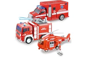 JOYIN 3 en 1 Ensemble de Voitures de Camion Véhicule de Secours d'Incendie Ville à Friction Comprenant Un Hélicoptère, Une Ambulance et Un Camion de Pompiers, avec Lumière et Son