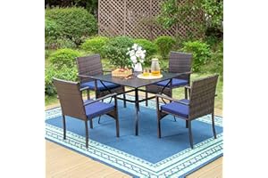 PHIVILLA 5 Piece Patio Dining Table Set for 4, 94cm Square Outdoor Metal Table with Umbrella Hole & 4 Rattan Wicker Chair with Cushion for Deck, Yard, Porch