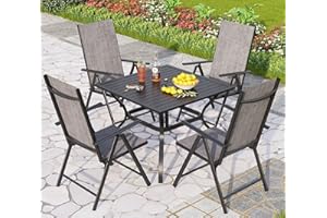 PHIVILLA 5 PCs Garden Furniture Sets with Garden Table and Chairs, Outdoor Patio Set with Adjustable Garden Folding Chairs & Square Metal Steel Patio Dining Table with 4cm Umbrella Hole, Grey