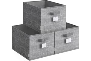 SONGMICS Collapsible Storage Boxes, Set of 3 Fabric Storage Baskets, 40 x 30 x 24 cm, Wardrobe Storage Organisers, 2 Handles, Label Holders, for Bedroom, Living Room, Cattail Grey ROB440G01