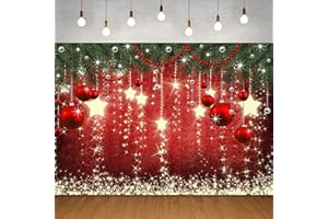 Whaline Christmas Backdrop for Photography Red Green Holiday Party Photo Background Shiny Star Hanging Ball Patterned Banner for Family Photo Booth Prop Wall Decoration Supplies, 6 x 4Ft