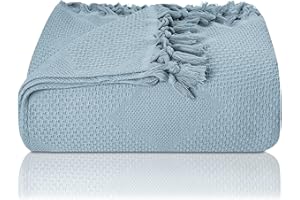LAYNENBURG Narzuta klasy premium, z ręcznie tkanymi frędzlami, 100% bawełna, letnia narzuta o strukturze waflowej, bawełniana narzuta na łóżko, kanapę i sofę, rozmiar XXL, 220 x 240 cm, jasnoniebieska