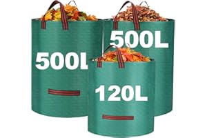 LEUOSO Heavy Duty Garden Waste Bags with Handles, Large Yard Bags Reusable Waterproof Garden Sack for Yards Waste, Plant waste grass and Leaves (500L*2+120L)