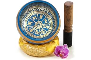AUMONDO Tibetische Klangschale Set, mit Klöppel und Klangschalenkissen in Loktapapier Geschenk-Box. Singing Bowl aus Tibet (Horizon Blue)