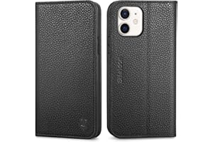 SHIELDON Custodia per iPhone 12, Cover iPhone 12 Pro Vera Pelle Portafoglio Slot Schede Blocco RFID Flip Caso Magnetico Antiurto Cover Cavalletto Compatibile iPhone 12/12pro (6,1" 2020), Litchi Nero