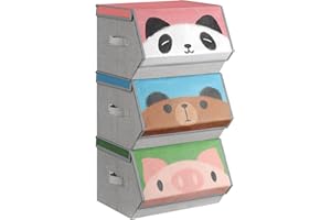 SONGMICS Kids Storage Organisers, Set of 3, Stackable Toy Organiser Boxes, Folding Organisers with Handles, Magnetic Lid, for Kid's Room, Playroom, Pink, Blue, Green and Grey RFB760P02