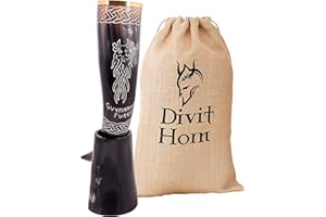 DIVIT HORN Corne à boire Viking avec support en fer véritable Divit | Ornements en laiton et sac-cadeau en toile de jute inclus | Corne de 13 ’’ et capacité de 16 oz (400 ml) | L'original. (Ormr, Polished)