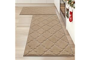 COSY HOMEER COSY HOMMER Nonslip Kitchen Rug Set 2 Pack, 51x76cm+51x122cm, 100% Polyester Absorbent Soft Kitchen Floor Mats Carpet Rug Mat Runners,Machine Washable & Anti-skid TPR Backing, Beige