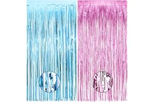AIBAOBAO Metallic Tinsel Foil Fringe Curtains, 2 Pack 3ft x 6.6ft Glitter Curtains, Photo Booth Props Backdrop Curtain for Door Decorations Hanging, Birthday, Hen Do Party, Baby Shower (Baby Blue+Pink)