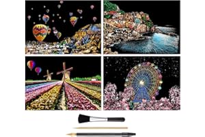 ARTSPER Rainbow Scratch Art Painting Paper (A4) for Kids & Adults, DIY Night View Scratchboard Set: 4 Sheets Scratch Cards & Drawing Pen, Clean Brush (Cinque Terre/Windmill/Hot Air Balloon/Ferris Wheel)