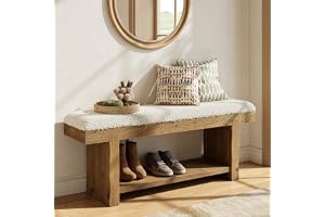 TRIBEWOOD Sittbänk i massivt trä, 120 cm, vadderad skobänk med hylla, lantlig stil, hallbänk, garderobsbänk för hall, sovrum
