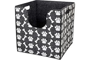 Bins & Things Dog Toy Bin Storage Basket (14 x 14 x 14 Inches) Thick Felt Dog Toy Box with Cute Dog Paws and Bones Prints - Foldable Pet Accessory Basket with Curved Cutout