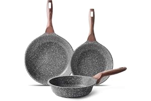 RIOVARM Antiadherente Juego de sartenes Inducción Juego de sartenes con mango resistente al calor Granito Sartén para tortillas sin PFOA Mármol Batería de cocina para varias estufas 20cm 24cm 28cm