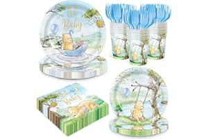 AURORAPARTY 120pcs Winnie Plates Baby Shower Pooh Napkins Classic Bear Baby Shower Decorations Paper Cups Forks Oh Baby Disposable Tableware Set Newborn Kids Dessert Plates for 24 Guests