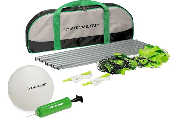 DUNLOP Ensemble de Volley-Ball - 609 x 220 CM - avec Filet de Volleyball, Lignes de Haubanage, Plots, Ballon, Pompe à Ballon et Sac de Transport - Vert/Noir/Blanc
