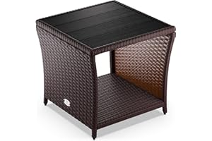 CASARIA Mesita Auxiliar de Poliratán Balcón Jardín 45x45x40cm Tablero WPC Mesa Altura Ajustable Marrón