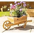 Garden Mile Wooden Wheelbarrow Garden Planters Outdoor Flower Pots - Heavy Duty Rustic Large Garden Ornaments - Easy To Assemble Garden Wheelbarrow for Display Pansies, Marigolds, Begonias - 70cm