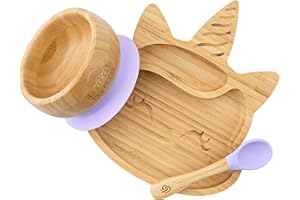 BAMBOO BAMBOO Bamboo Unicorn Suction Plate & Bowl Set with Spoon for Toddlers 6+ Months (Lilac)