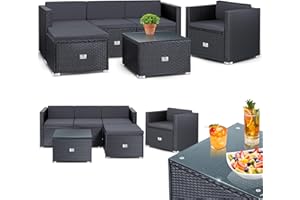 KESSER® Polyrattan Lounge Aruba, Juego de jardín para 4-5 Personas, Conjunto de Muebles de jardín, Grupo de 3 sofá de jardín, sillón, Taburete y Mesa Auxiliar con Cojines de Asiento