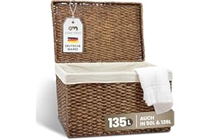 Casa Mina® Wäschetruhe mit Deckel 70 x 44 x 45cm hoch I Atmungsaktive Wäschetruhe geflochten aus 100% Naturfaser I Robuster Wäschesammler mit Griffen & waschbarem Innensack I Wäschetruhe - Bali