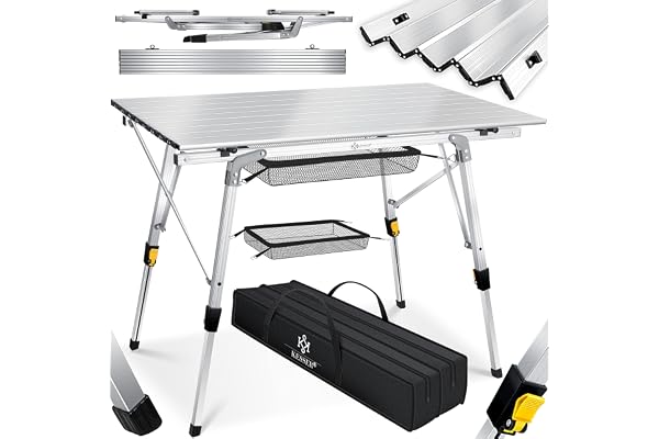 KESSER Table de camping pliable avec cadre en aluminium - Plateau de table enroulable - Hauteur réglable 90 x 53 cm - Jusqu'à 100 kg - Avec sac de transport avec dragonne et sac en filet - Argenté