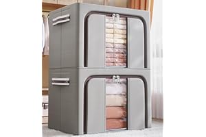 UWENKJIE closet organizers and storage，Foldable Oxford cloth steel frame box，transparent window and handle, waterproof, can accommodate large capacity clothes, bedding, blankets, 66L 2-piece set（Purple）