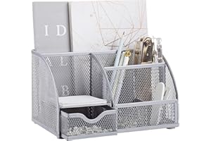 Annova Mesh Desk Organizer Office with 7 Compartments + Drawer/Desk Tidy Candy/Pen Holder/Multifunctional Organizer (Silver)