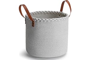 CAFETEE PANIER DE RANGEMENT COTON BLANC MOTIF TRESSE ET ANSES MARRON RIVETEES POUR DRESSING RANGEMENT DECORATION (Gris, 26x30 cm)
