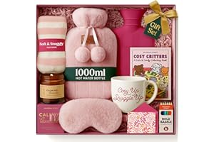 SEASONAL STREET Hot Water Bottle Gift Set - Christmas Presents for Women, Includes Pink 1L Hot Water Bottle with Socks, Mug, Candle, Eye Mask, and Colouring Book with Pencil - Gifts for Women