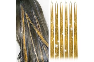 CWAWF Hair Tinsel Kit with 47INCH 1200 Strands Heat Resistant Glitter Tinsel Hair Extension, Sparkling Shinny Fairy Hair Accessories for Women Girls Kids Festival Party Dazzle (Golden)
