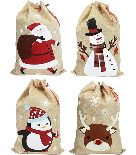 Lot De 3 Sacs Cadeaux Noël Non-tissé Rouge Avec Cordon – Grand, Moyen Et Petit