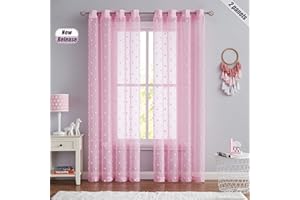 Beauoop Pink Pom Pom Sheer Curtains for Girls Kids Bedroom 72 inch Drop Dot Voile Sheer Curtains for Nursary Living Room Light Filtering Decorative Drapes Grommet Window Treatment Sets 2 Panels